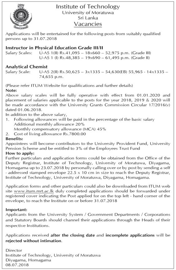 Instructor in Physical Education, Analytical Chemist - University of Moratuwa